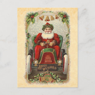 Cartão Postal De Festividades Papais noeis de Ilustração Vintage no Carro Anti