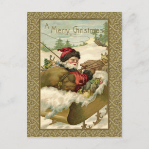 Cartão Postal De Festividades Papais noeis de inverno Vintage em Ouro Sleigh