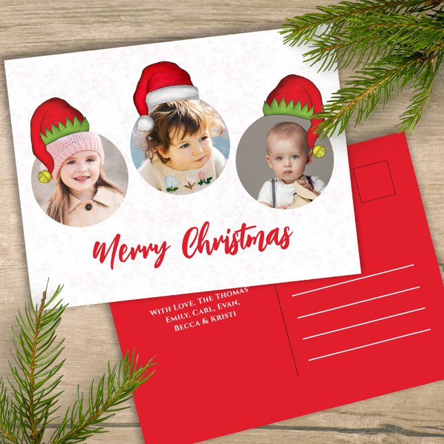 Cartão Postal De Festividades Papais noeis de Natal bonitos Elf Engraçados Image (Merry Christmas holiday three photo postcard template with circle photo template. )