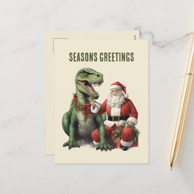 Cartão Postal De Festividades Papais noeis de Natal de dinossauros de aquarelas (Frente/Verso In Situ)