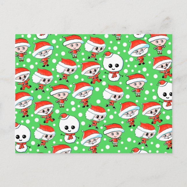 Cartão Postal De Festividades Papais noeis de natal e Snowman no Green. (Frente)