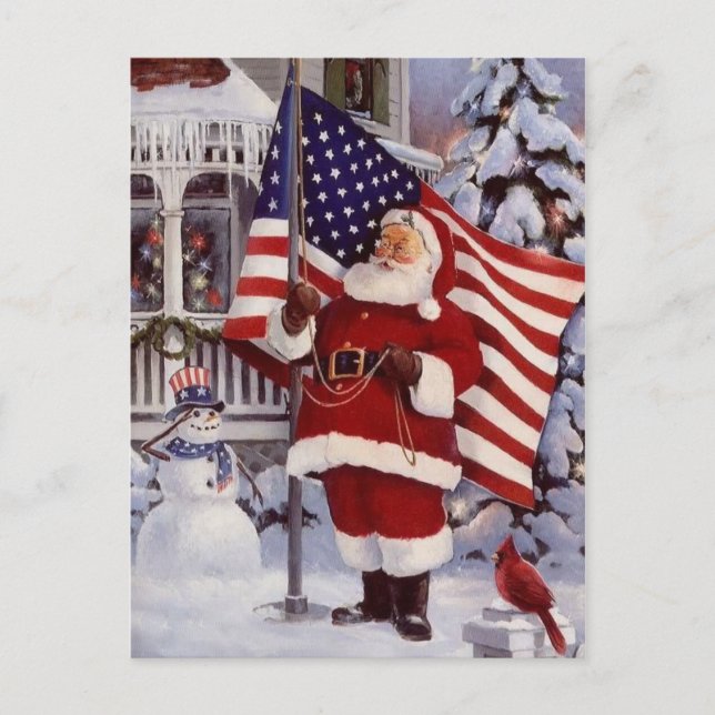 Cartão Postal De Festividades Papais noeis de Natal Patriotas com Bandeira Ameri (Frente)