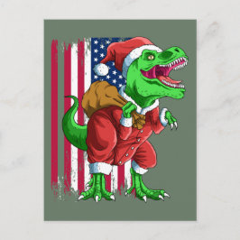 Cartão Postal De Festividades Papais noeis de Natal Verdes Bons TRex Tyrannosaur