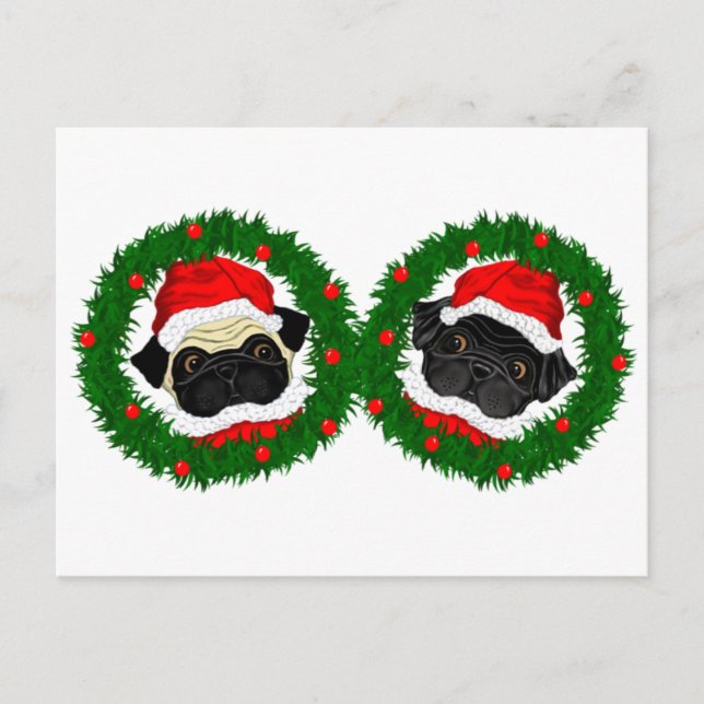 Cartão Postal De Festividades Papais noeis de Pug Preto e Pug Culpados de Natal (Frente)