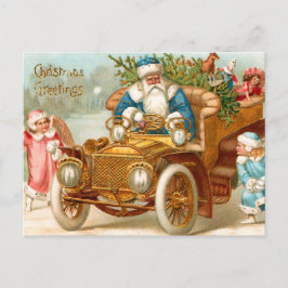 Cartão Postal De Festividades Papais noeis de Vintage em Carros Dourados e Ângul