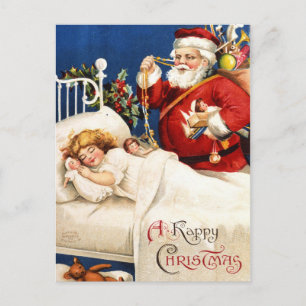 Cartão Postal De Festividades Papais noeis de vintagem nostálgicos com menina do