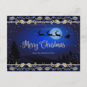 Cartão Postal De Festividades Papais noeis de Xadrez Azul Clássico Neve Feliz Na