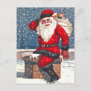 Cartão Postal De Festividades Papais noeis Descendo A Chaminé