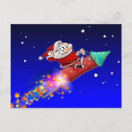Cartão Postal De Festividades Papais noeis Dirigindo Um Foguete Fireworks Em Uma