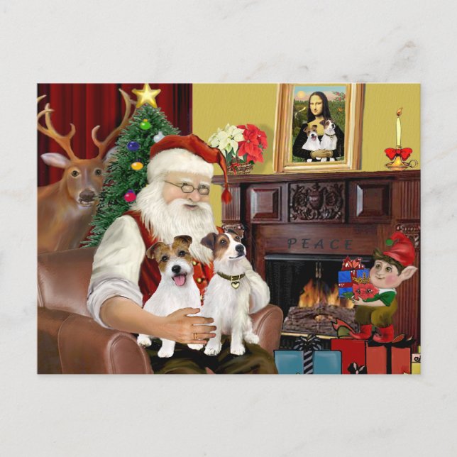 Cartão Postal De Festividades Papais noeis Dois Jack Russell Terriers (Frente)