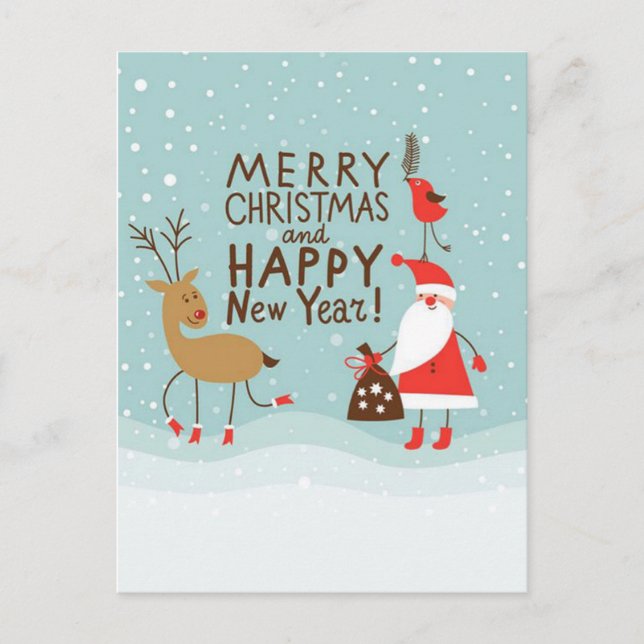 Cartão Postal De Festividades Papais noeis e Rudolph (Frente)