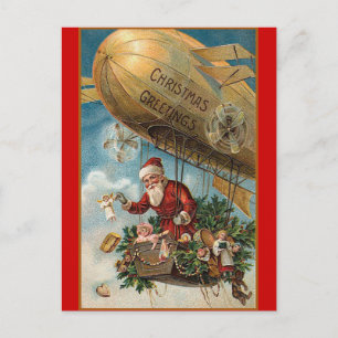 Cartão Postal De Festividades Papais noeis e seu Blimp