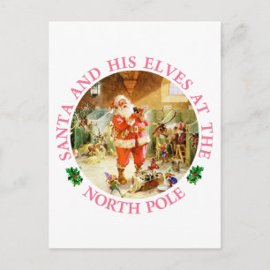 Cartão Postal De Festividades Papais noeis e seus elfos no Polo Norte