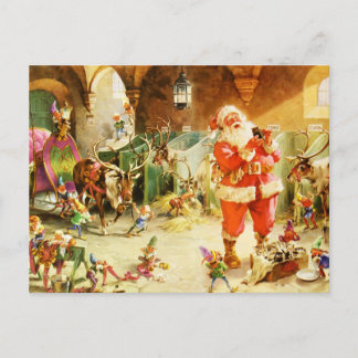 Cartão Postal De Festividades Papais noeis e seus Elfos nos estábulos do Polo No