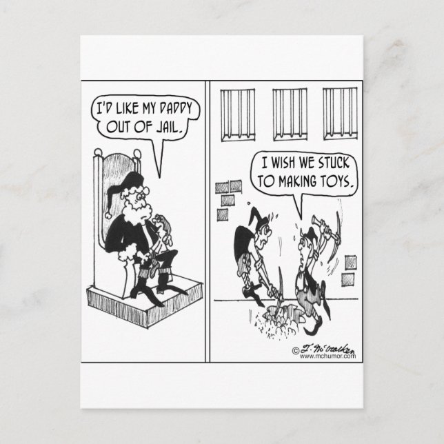 Cartão Postal De Festividades Papais noeis Elves ajudam a quebrar o Pai da prisã (Frente)