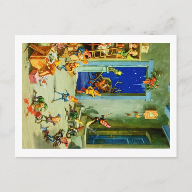 Cartão Postal De Festividades Papais noeis Elves Ocupados Na Sua Oficina Do Polo (Frente)