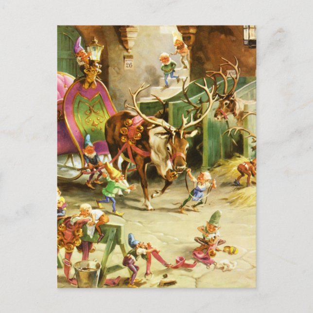 Cartão Postal De Festividades Papais noeis Elves & Reindeer no Polo Norte (Frente)