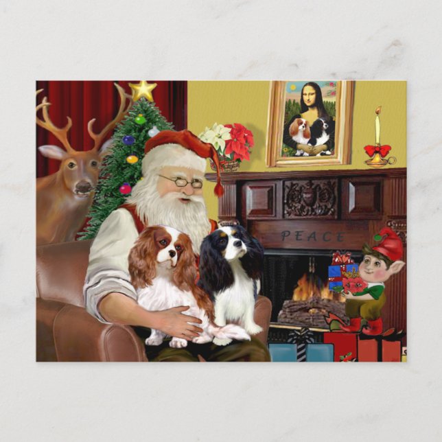 Cartão Postal De Festividades Papais noeis Em Casa Cavalier King Charles (dois) (Frente)