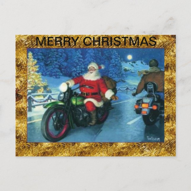 Cartão Postal De Festividades Papais noeis em Posto de Natal de Motocicleta (Frente)