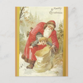 Cartão Postal De Festividades Papais noeis enroscando o menino travesso em um sa