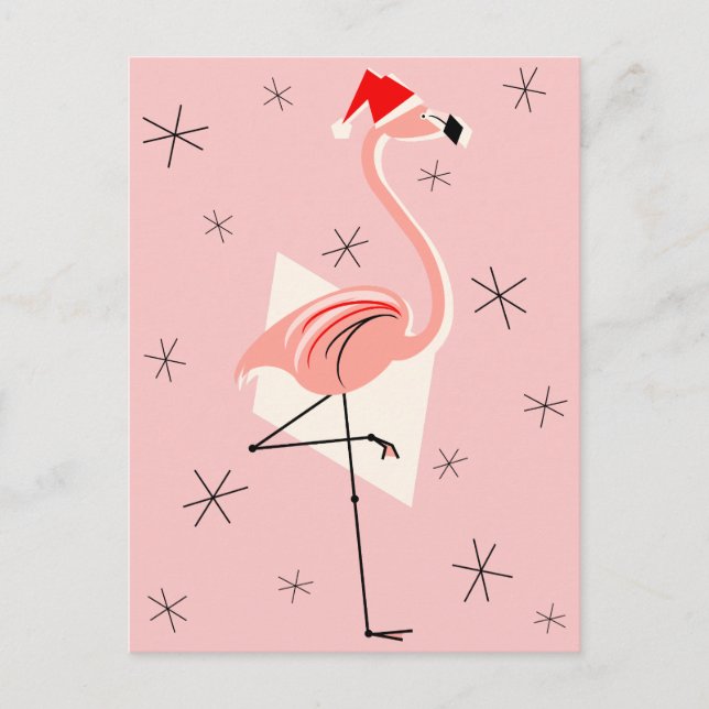 Cartão Postal De Festividades Papais noeis Flamingo retrato rosa (Frente)