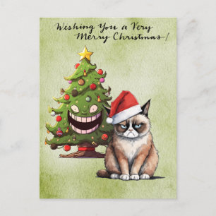 Cartão Postal De Festividades Papais noeis Gato com Árvore de Natal para Gatos