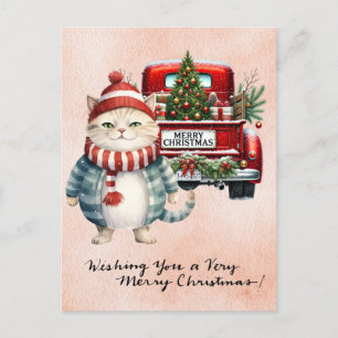 Cartão Postal De Festividades Papais noeis Gato com Árvore de Natal para Gatos