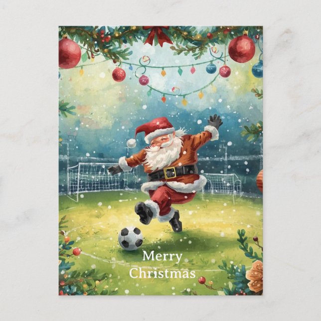 Cartão Postal De Festividades Papais noeis jogam futebol Feriado de Natal (Frente)
