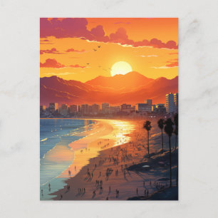 Cartão Postal De Festividades Papais noeis Monica Beach Sunset com Palm Trees