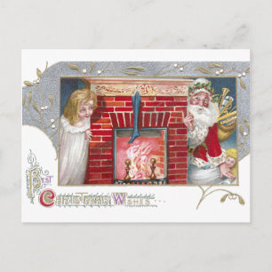 Cartão Postal De Festividades Papais noeis, Mulher e Natais vintages de Lareira