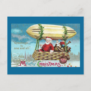 Cartão Postal De Festividades Papais noeis no Blimp Vintage Xmas