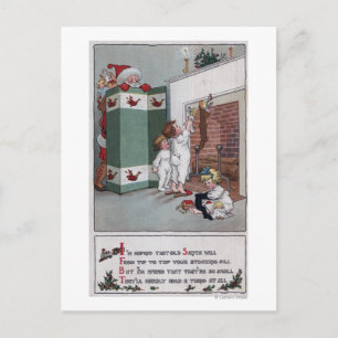 Cartão Postal De Festividades Papais noeis observando por trás da tela