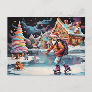 Cartão Postal De Festividades Papais noeis patinagem em gelo Cores psicodélicas