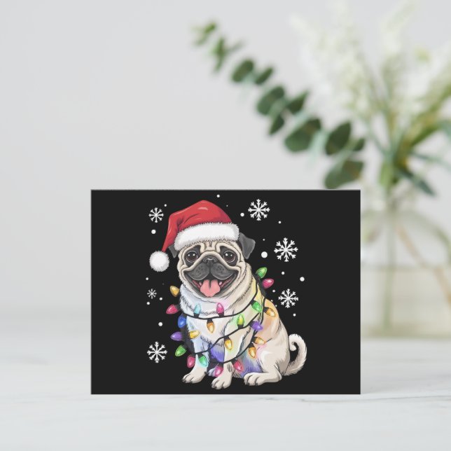 Cartão Postal De Festividades Papais noeis Pug Christmas Lights Xmas Dog Lover (Em pé/Frente)
