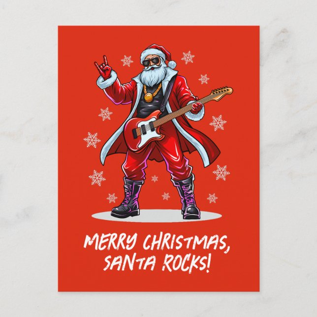 Cartão Postal De Festividades Papais noeis Rocks! Engraçado Papai Noel tocando v (Frente)