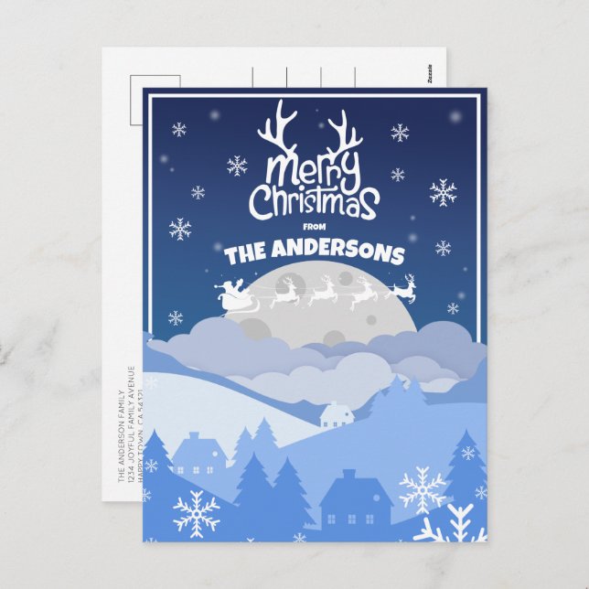 Cartão Postal De Festividades Papais noeis Sleigh e Reindeer voando no céu da me (Frente/Verso)