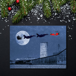 Cartão Postal De Festividades Papais noeis, Sleigh, F-16 Jatos e Red Biplane no 