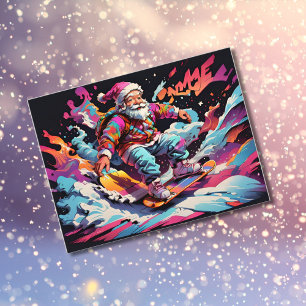 Cartão Postal De Festividades Papais noeis snowboard Cores psicodélicas