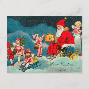 Cartão Postal De Festividades Papais noeis Vintage com Anjos