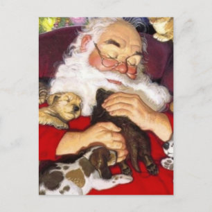 Cartão Postal De Festividades Papais noeis Vintage Dormindo Com Cãezinhos