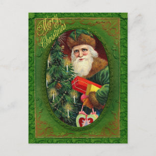Cartão Postal De Festividades Papais noeis vitorianos com verde-árvore de Natal