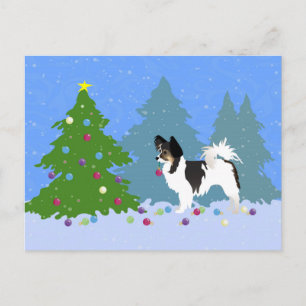 Cartão Postal De Festividades Papillon Cão Decorre Árvore de Natal em Floresta