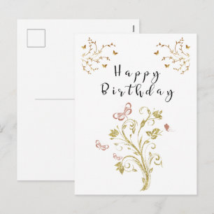 Cartão Postal De Festividades Parabéns Elegante Borboleta Floral Dourada