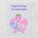 Cartão Postal De Festividades Parabéns, neta, Dragão Rosa<br><div class="desc">Este cartão postal de aniversário para uma neta tem o meu desenho de um dragão jovem rosa e bonito com asas. Adicionei uma tiara na cabeça. O doce dragão rosa segura um bolo com velas e um monte de balões. Você pode alterar o texto na parte frontal para tornar este...</div>