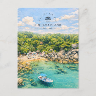 Cartão Postal De Festividades PARAÍSO TROPICAL ILHA KOH TAO Aquarela