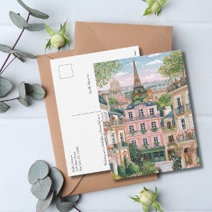 Cartão Postal De Festividades Paris Verão Caprichoso Viagem Torre Eiffel Floral