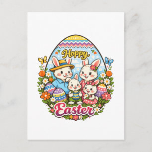 Cartão Postal De Festividades Páscoa Alegre Gráfico Colorido de Família de Coelh