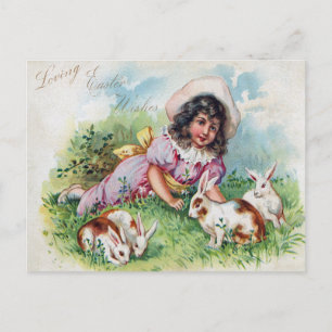 Cartão Postal De Festividades Páscoa Antiquada de Coelhos de Garota Vintage