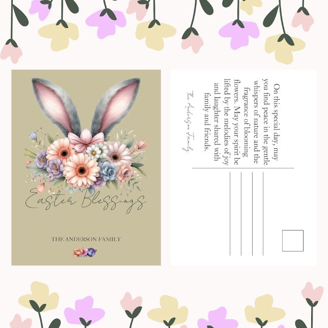 Cartão Postal De Festividades Páscoa Beige Floral Bunny Rabbit Ears Nome da Famí (Criador carregado)