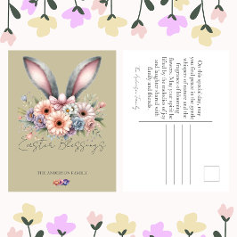 Cartão Postal De Festividades Páscoa Beige Floral Bunny Rabbit Ears Nome da Famí